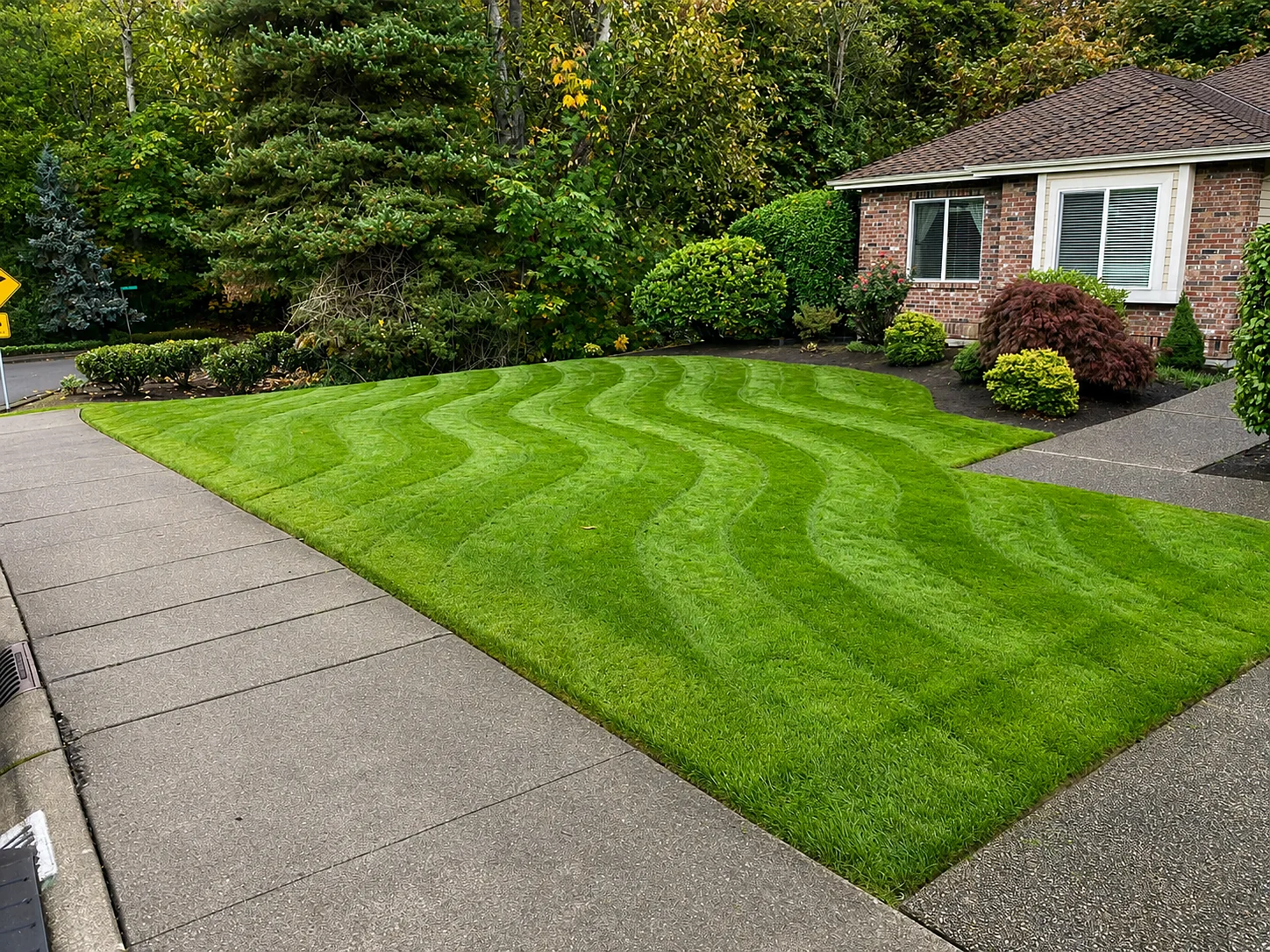 Freshly mowed front lawn with curved stripes by Marquez Landscaping in Pierce County, WA
